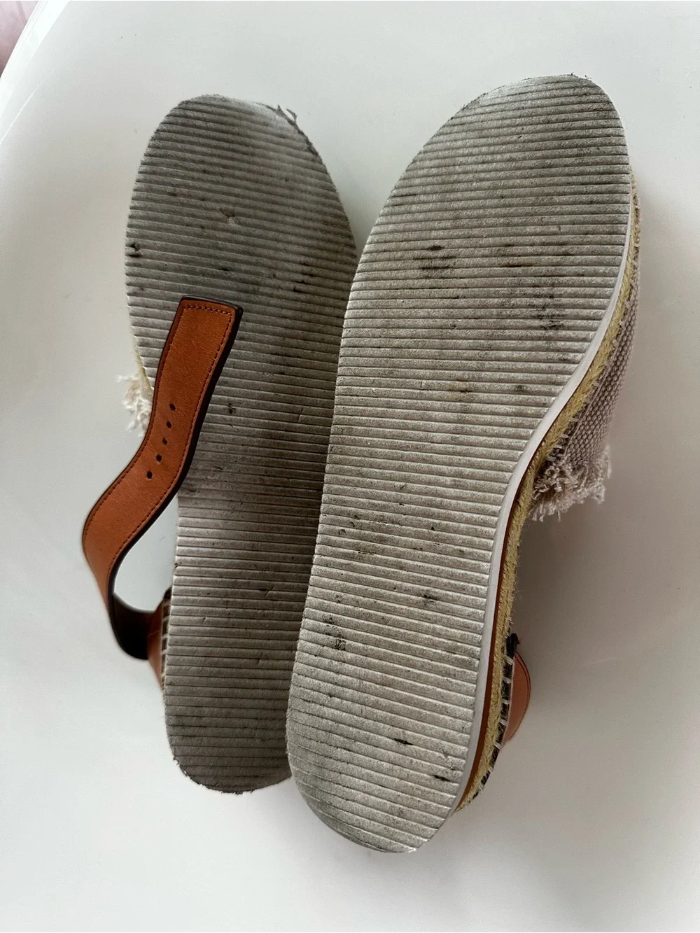 See By Chloe Beige Canvas Espadrille Sandals with Tan Ankle Straps